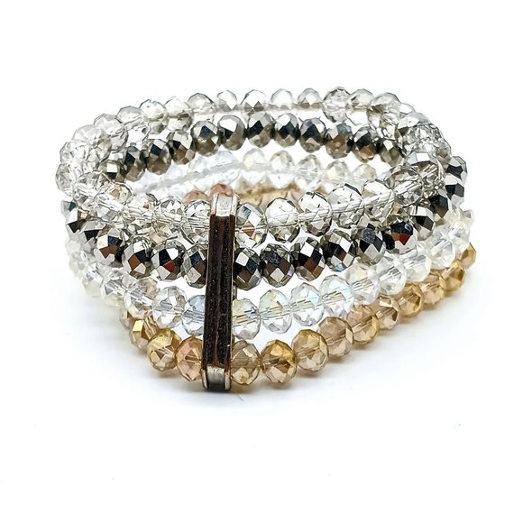 Stretch AB Crystals Statement Bracelet, Beaded Shimmer Four Strand Linked Vintag - Picture 2 of 5